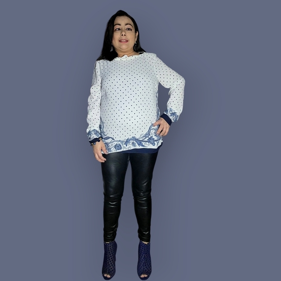 Suzy Shier Boxy White and Blue Long Sleeve Blouse - Picture 3 of 11